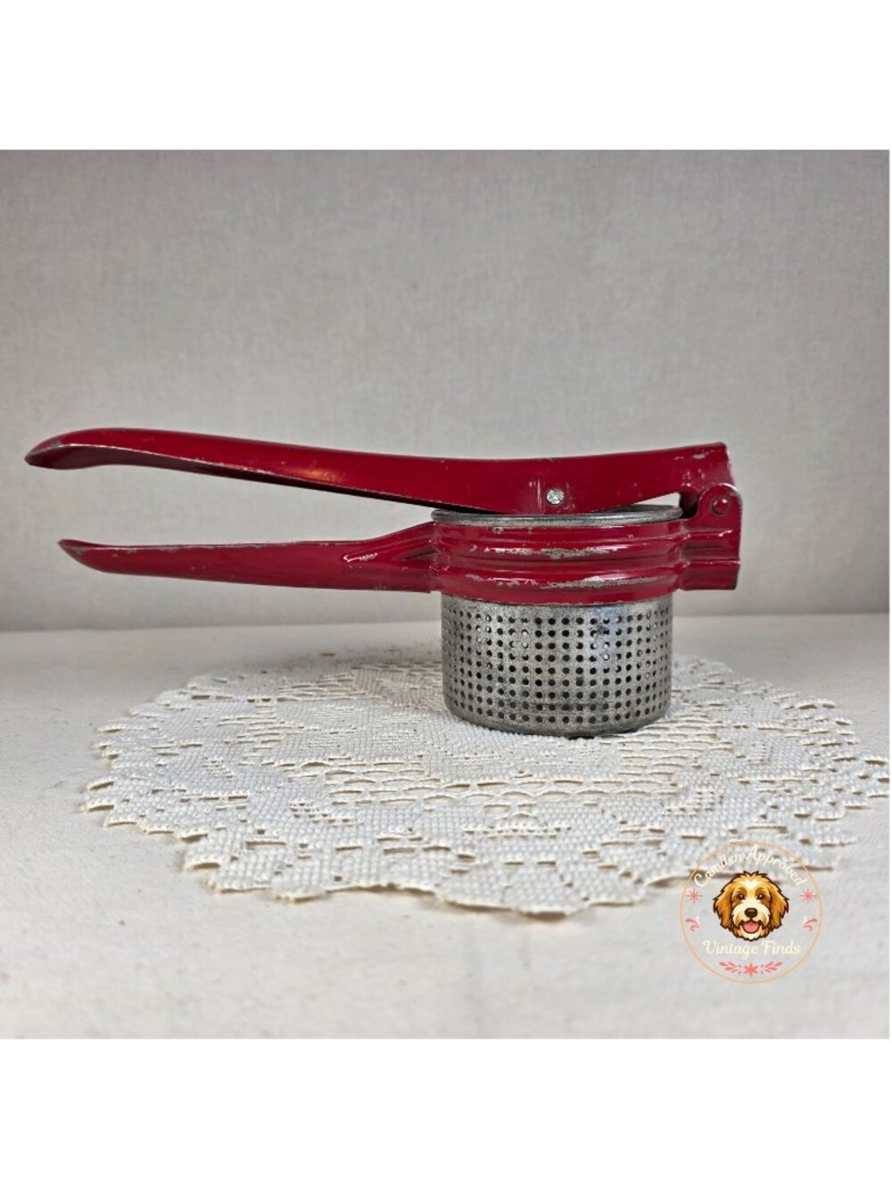 Vintage Handy Things Red & Silver Metal Potato Ricer With Perforated Basket 11"